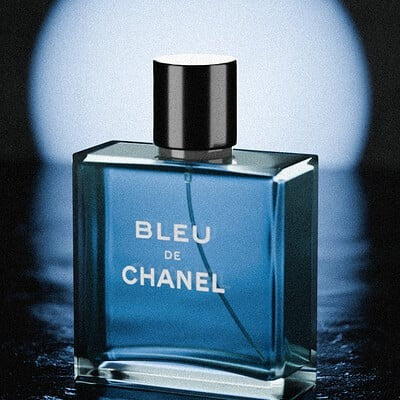 Bleu de Chanel perfume bottle on a reflective surface with a blue gradient background