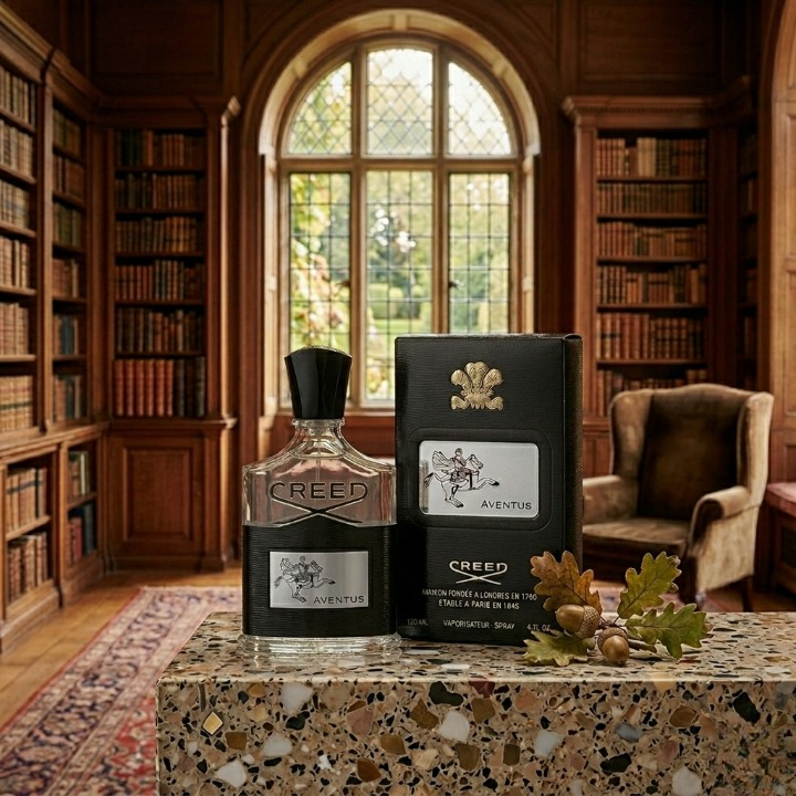 Creed Aventus perfume bottle and packaging on a table in a library setting