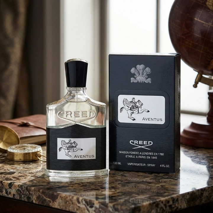 Creed Aventus perfume bottle and packaging on a marble surface