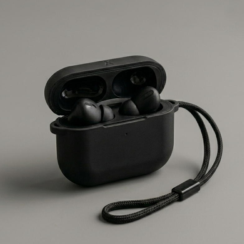 Black wireless earbuds in an open case on a gray background