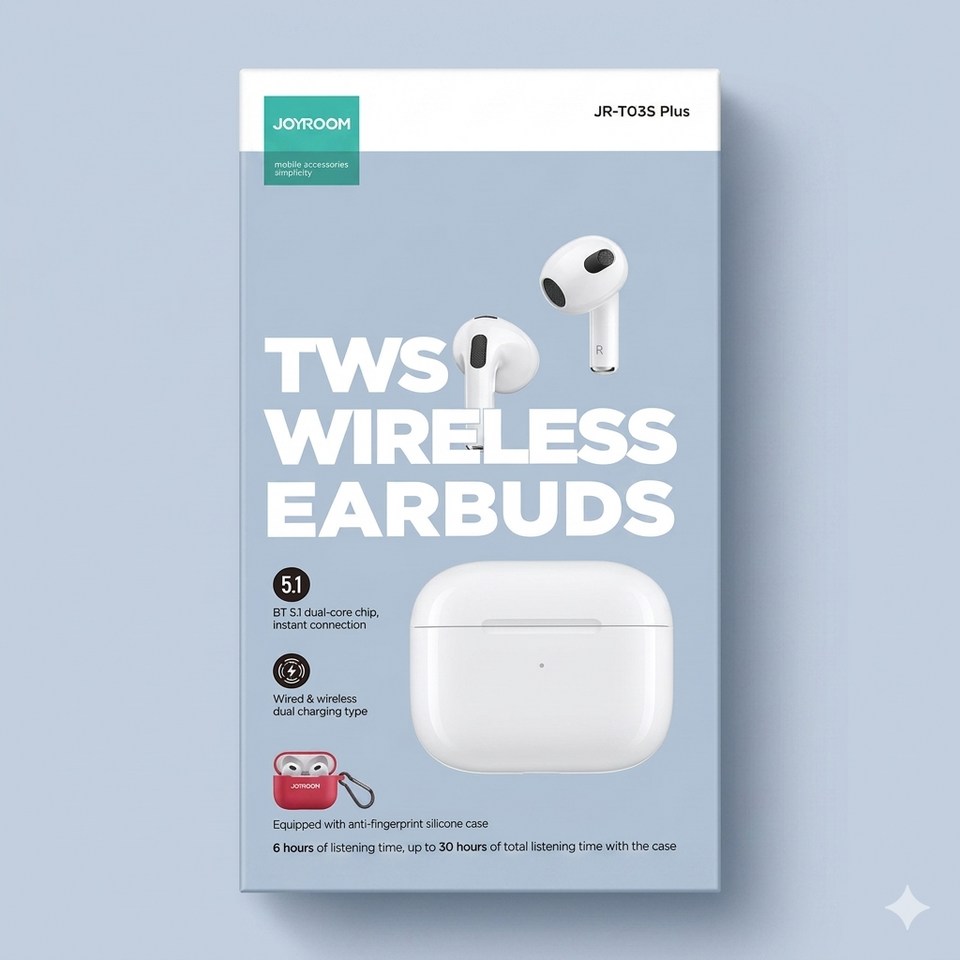 Package of JOYROOM TWS wireless earbuds on a light blue background
