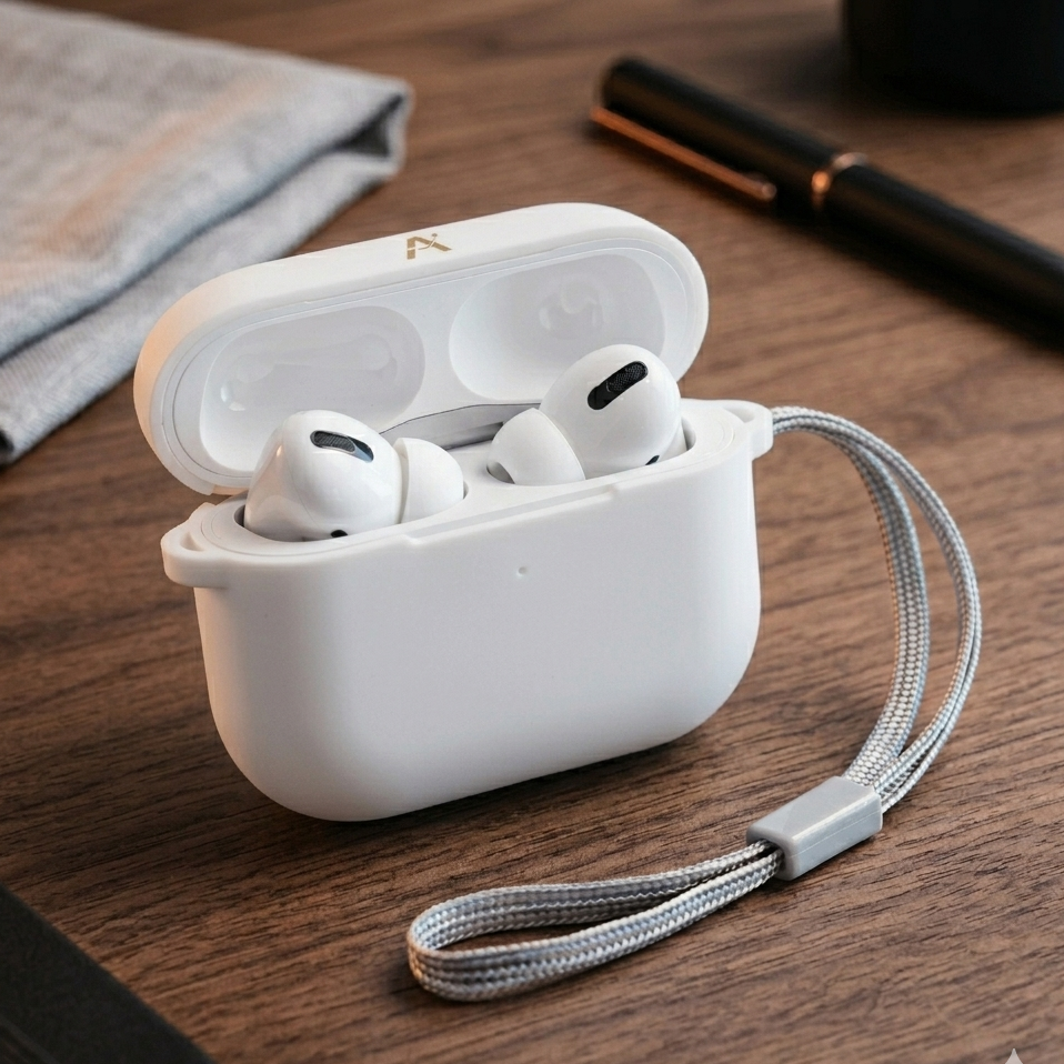 White wireless earbuds in a charging case on a wooden surface with a strap.