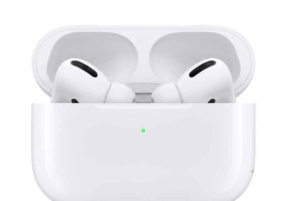 White wireless earbuds in a charging case on a white background