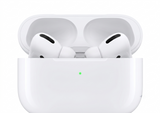 White wireless earbuds in a charging case on a white background