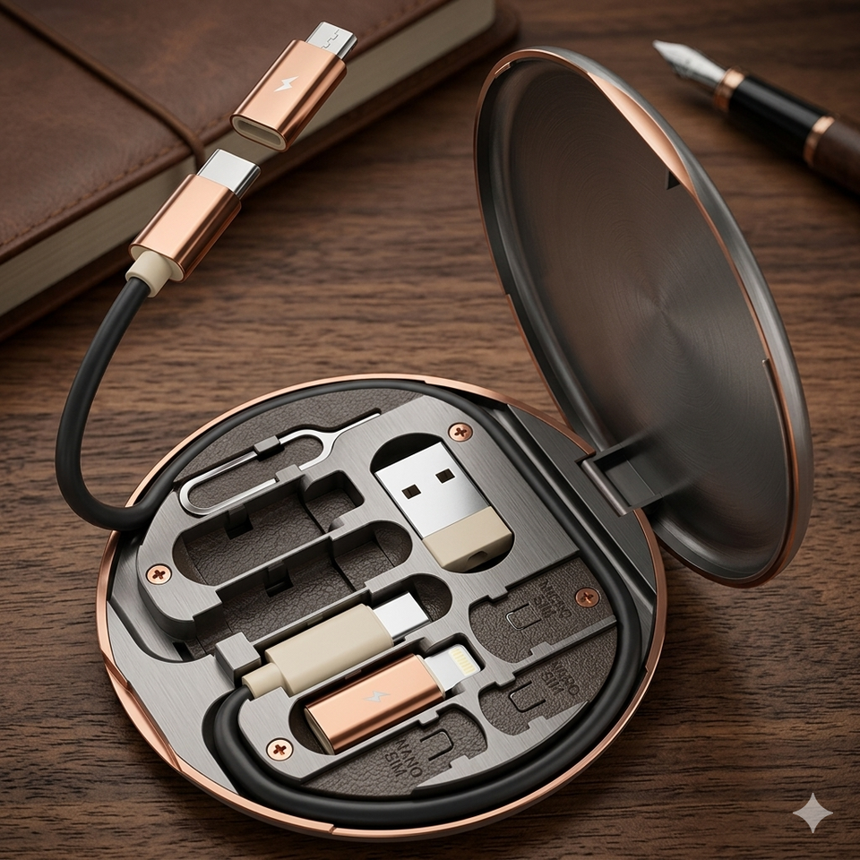 Open case displaying USB devices on a wooden surface