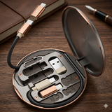 Open case displaying USB devices on a wooden surface