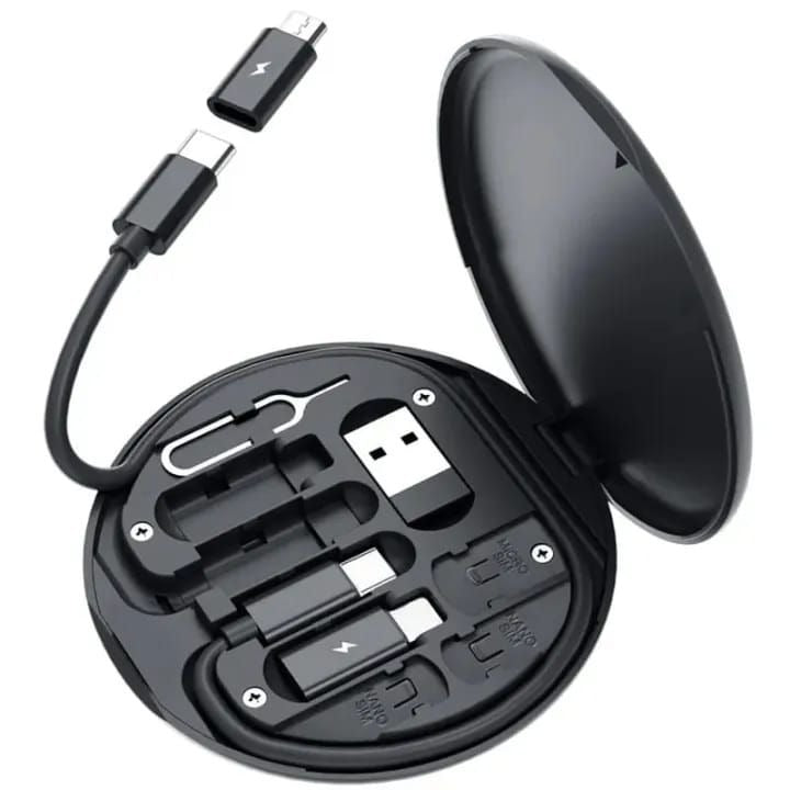 Black USB-C adapter set with charging cable on a white background