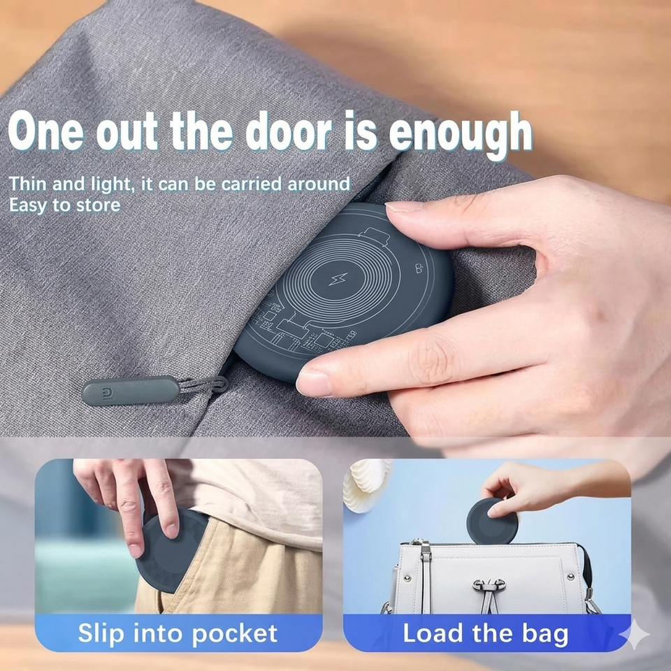 Small round device being placed into a bag with text highlighting its portability.