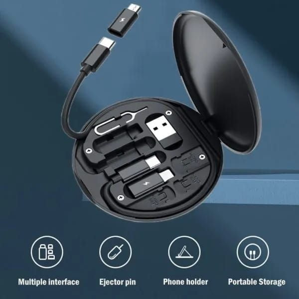 Black electronic accessory set with multiple interfaces, ejection pin, phone holder, and portable storage on a blue gradient background.