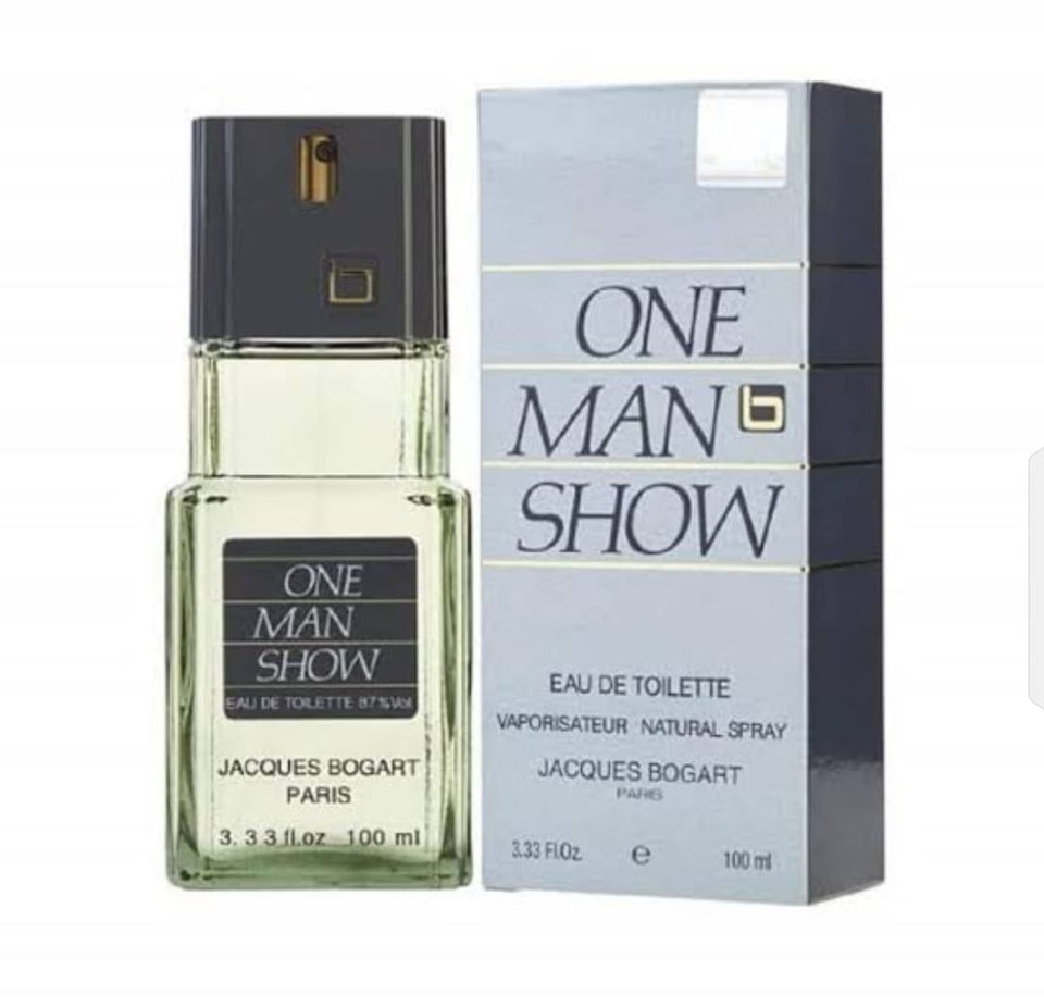 Perfume bottle and packaging of 'One Man Show' by Jacques Bogart on a white background
