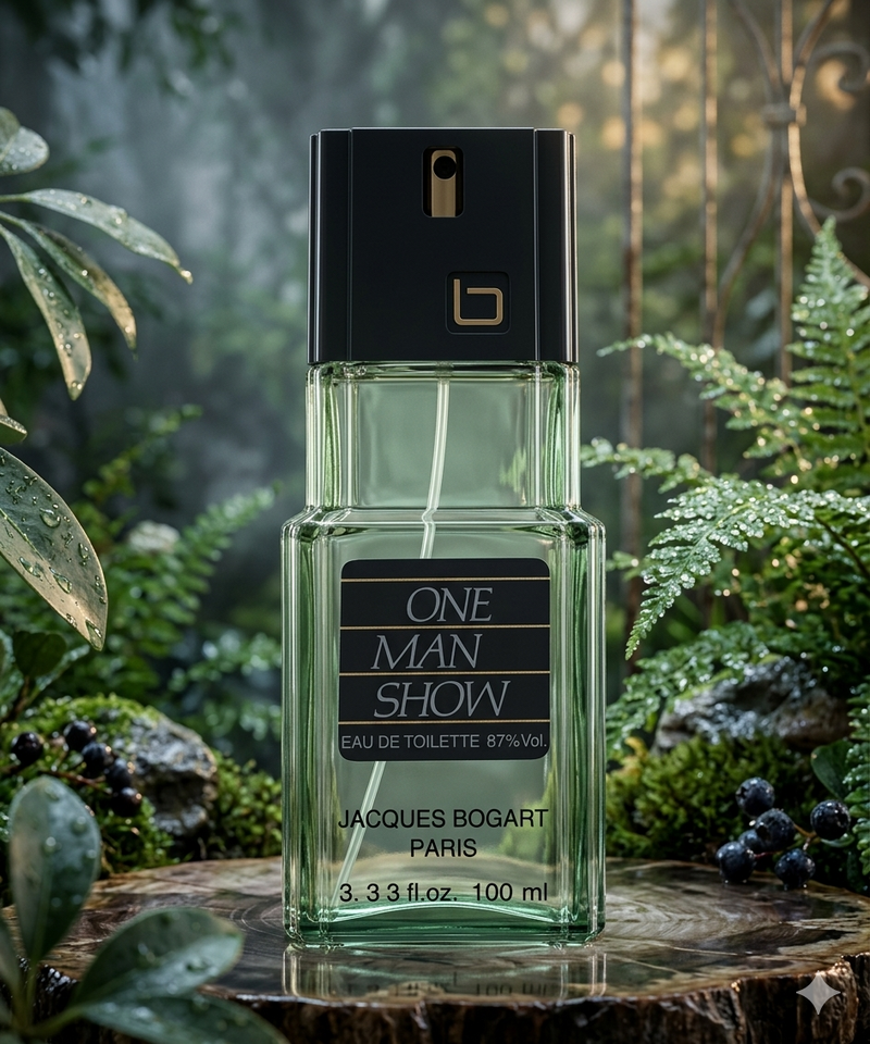 Perfume bottle labeled 'One Man Show' by Jacques Bogart on a wooden surface with a natural background.