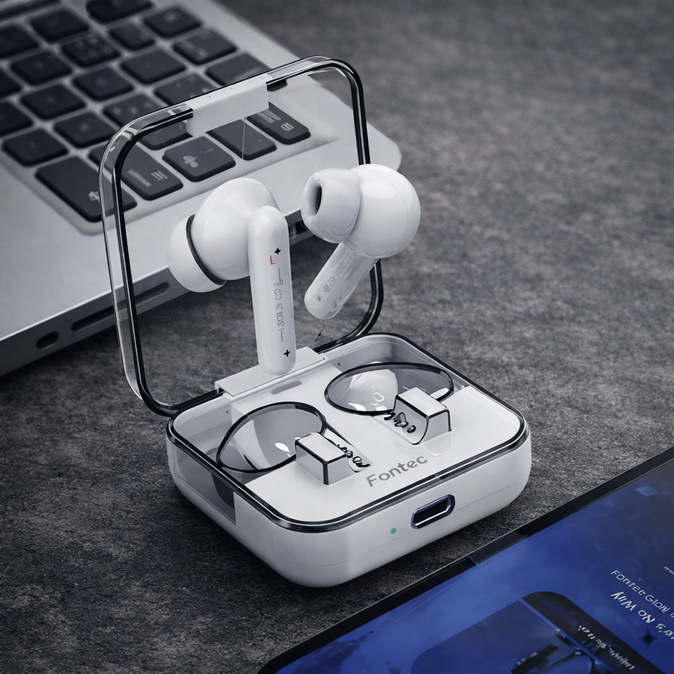 White wireless earbuds in a transparent charging case on a dark surface with a laptop and phone in the background.