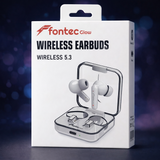 Fontec Glow wireless earbuds packaging with a dark blue gradient background