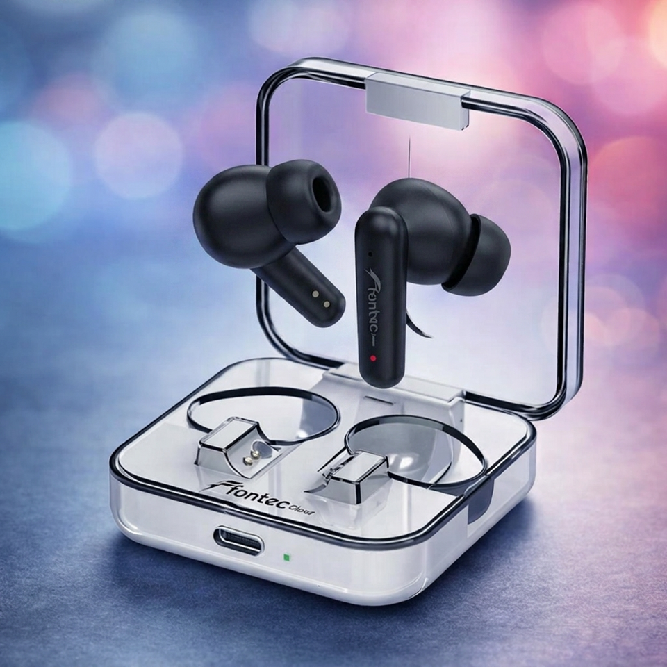 Black wireless earbuds in a transparent charging case on a colorful blurred background