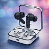 Black wireless earbuds in a transparent charging case on a colorful blurred background