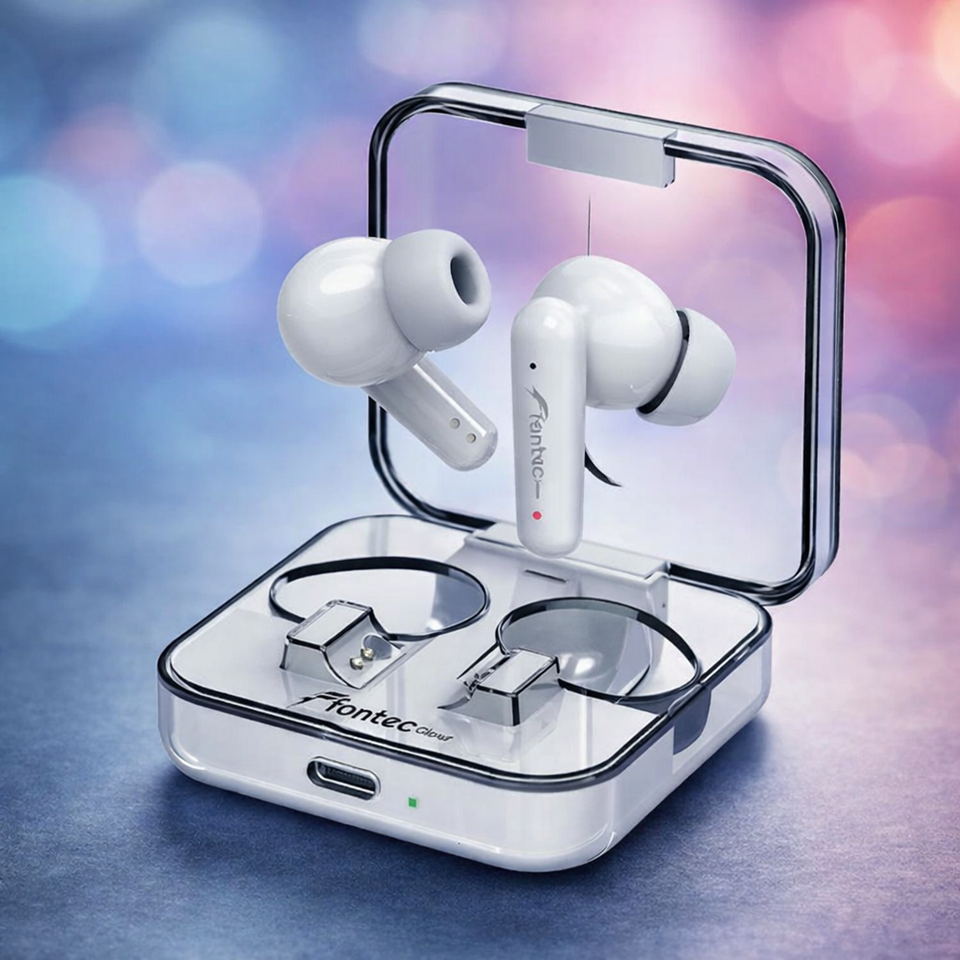 White wireless earbuds in an open charging case on a blurred colorful background