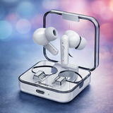 White wireless earbuds in an open charging case on a blurred colorful background