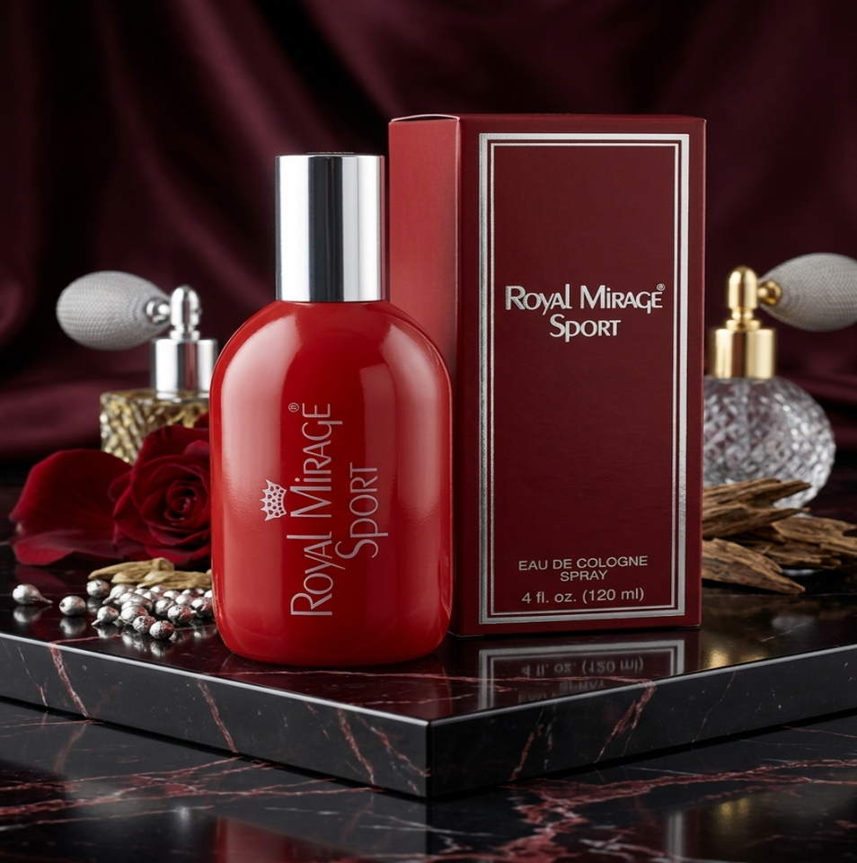 Red 'Royal Mirage Sport' cologne bottle and packaging on a dark surface with decorative elements.