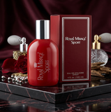 Red 'Royal Mirage Sport' cologne bottle and packaging on a dark surface with decorative elements.