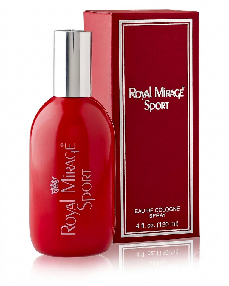 Red 'Royal Mirage Sport' cologne bottle and packaging on a white background
