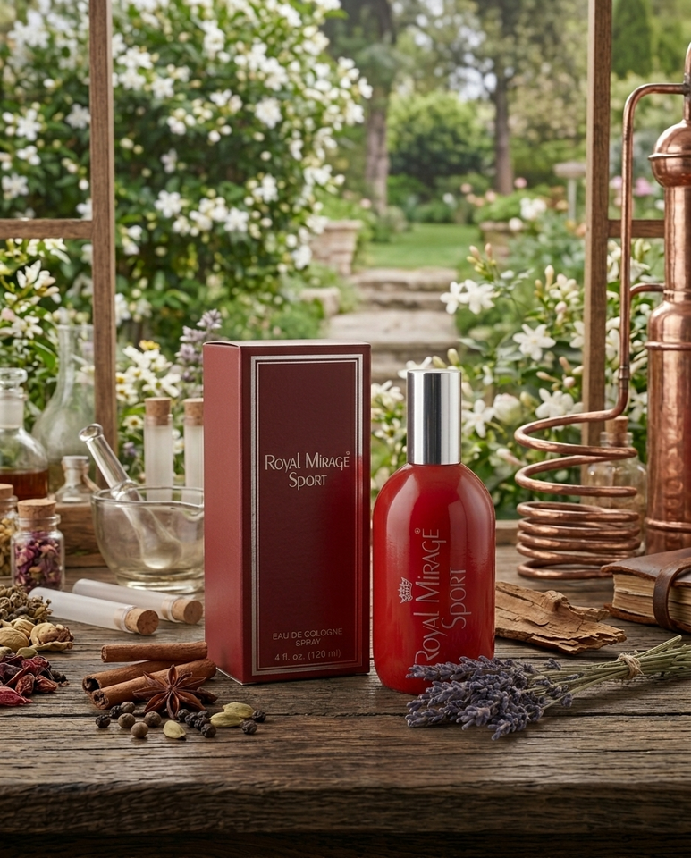 Red 'Royal Mirage Sport' perfume bottle and packaging on a wooden table with a garden background