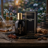 Royal Mirage Night cologne bottle and packaging on a wooden surface with spices and flowers in the background.