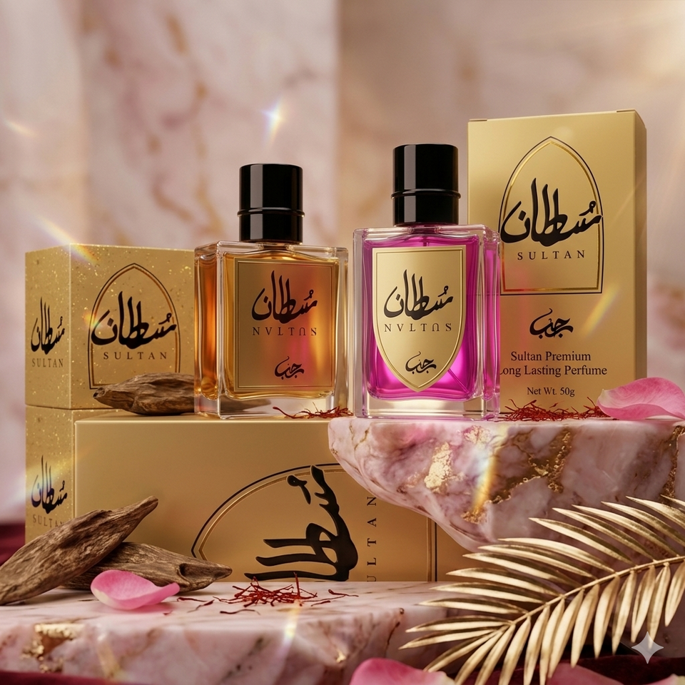 Two perfume bottles with their packaging on a decorative surface with palm leaves and rose petals.