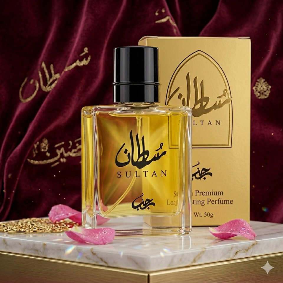 Perfume bottle and packaging with 'Sultan' branding on a maroon fabric background.