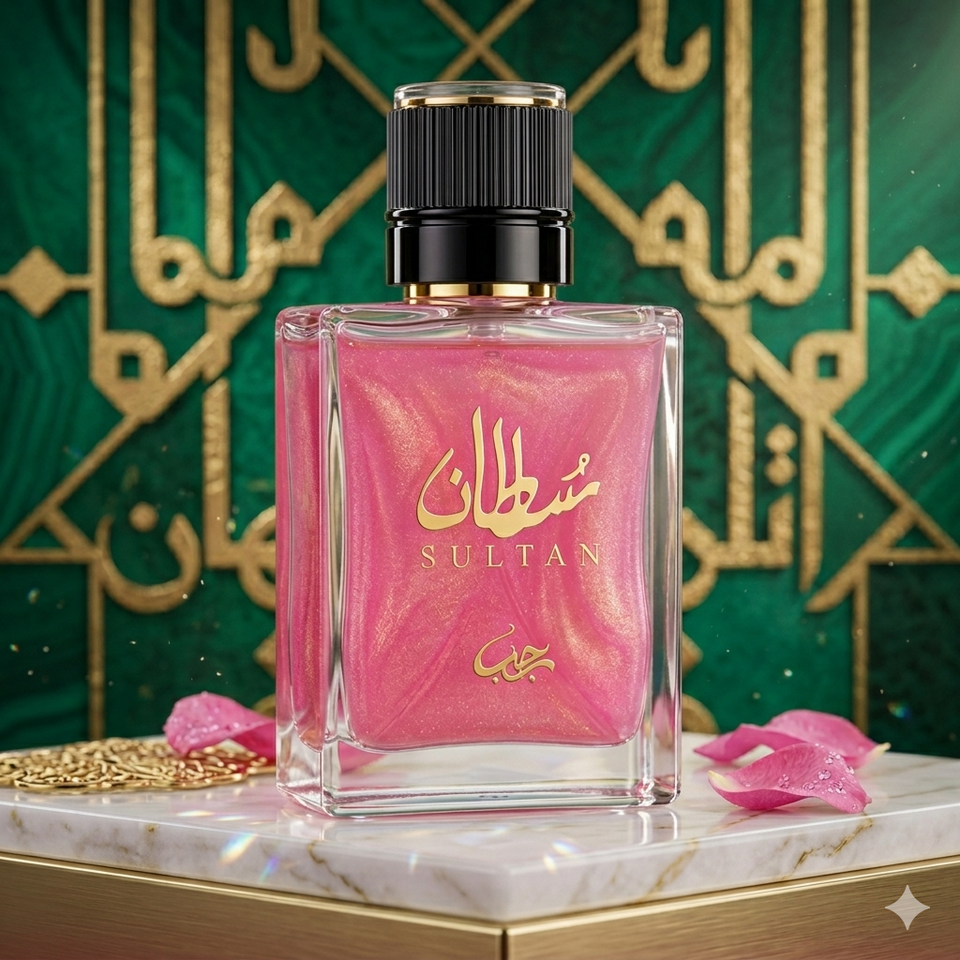 Perfume bottle labeled 'Sultan' with pink design on a decorative background