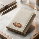 Beige leather wallet with 'Horse Imperial' logo on a marble surface