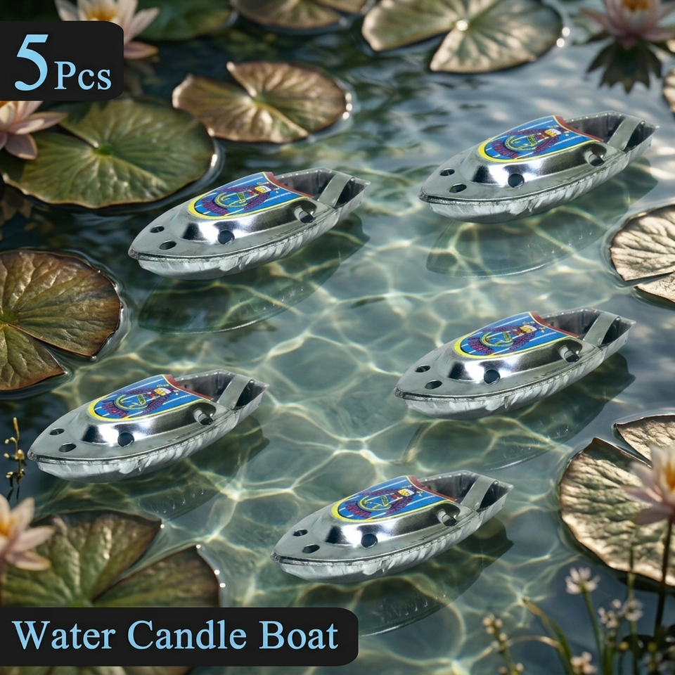 Five water candle boats on a water surface with lily pads